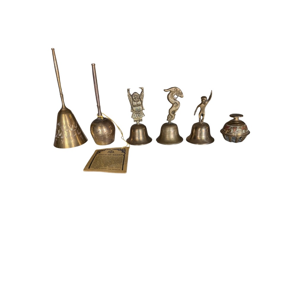 Vintage Bells of Sarna Brass India Set of 6 Buddha Monkey Dragon Etched Diwali